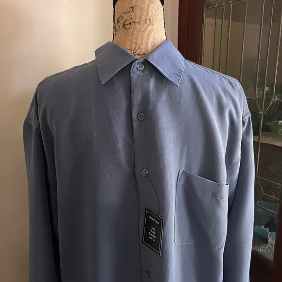 Y2K George Slate Blue Sueded Men Button Up Shirt L Soft Microfiber Classic Retro - Picture 6 of 17